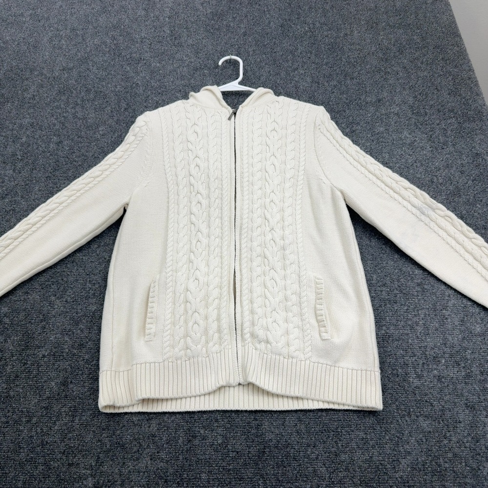 LL Bean Sweater Womens 1X‎ White Cotton Cable Knit Full Zip Hooded Classic